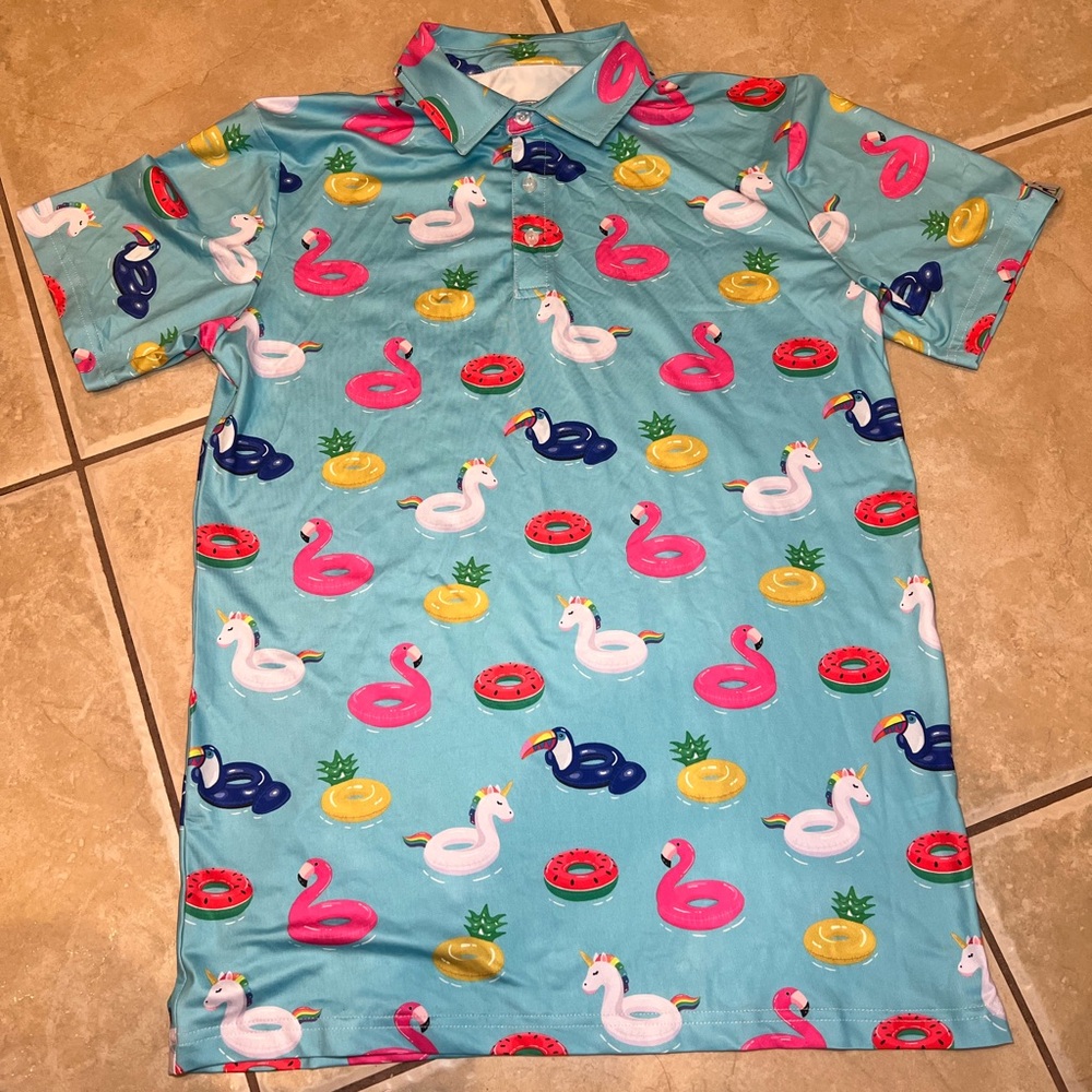 Men's Proud 90 Golf Is Fun Novelty Pool Float Print Polo Shirt - Aqua Blue